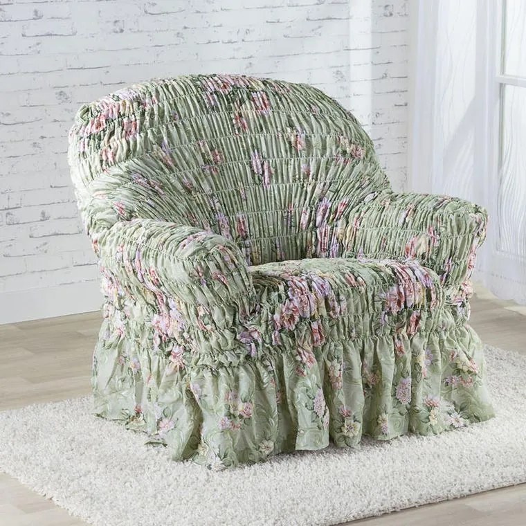 Napínacie poťahy s volánom FIORELA zelená kreslo (š. 60 - 110 cm)