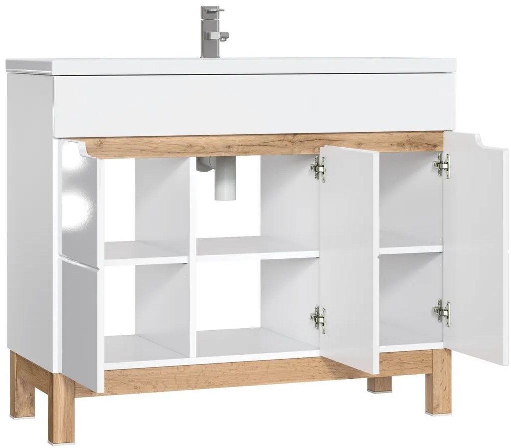 Kúpeľňová zostava so zápustným umývadlom, skrinkami a zrkadlom Bali 100 cm biela/dub wotan