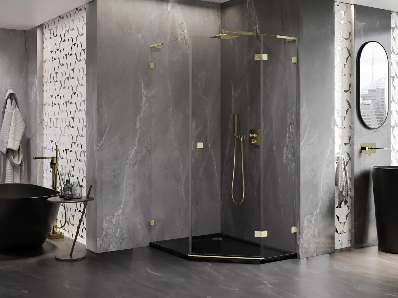 Mexen Lunar, L pravý výklopný päťuholníkový sprchový kút 90 x 100 cm, 8mm číre sklo, zlatý matný profil, 831L-090P-100L-55-00-P