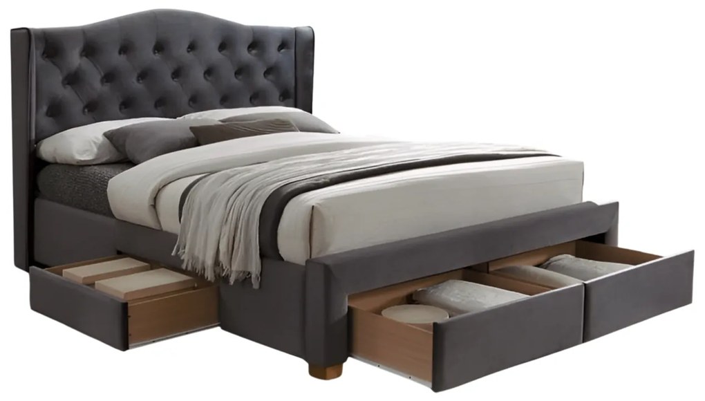 Dvoulůžková čalouněná postel Aspen Velvet se zásuvkami 160x200 šedá