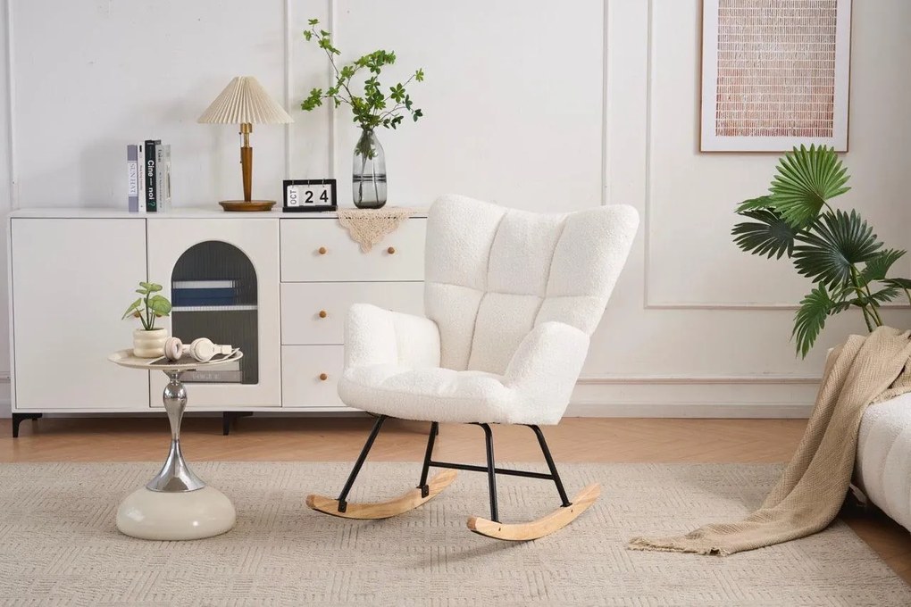 Hojdacie kreslo, relaxačné kreslo s plyšovým poťahom, bielej farby