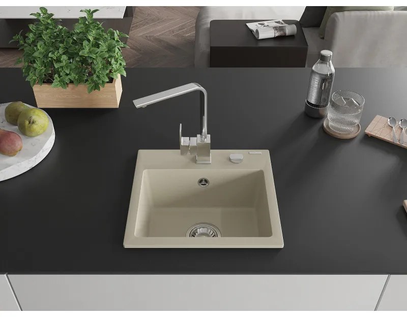 Mexen Milo, 1-komorový granitový drez 435x410x171 mm a chrómová batéria Rita, béžová, 6505-69-670300-00