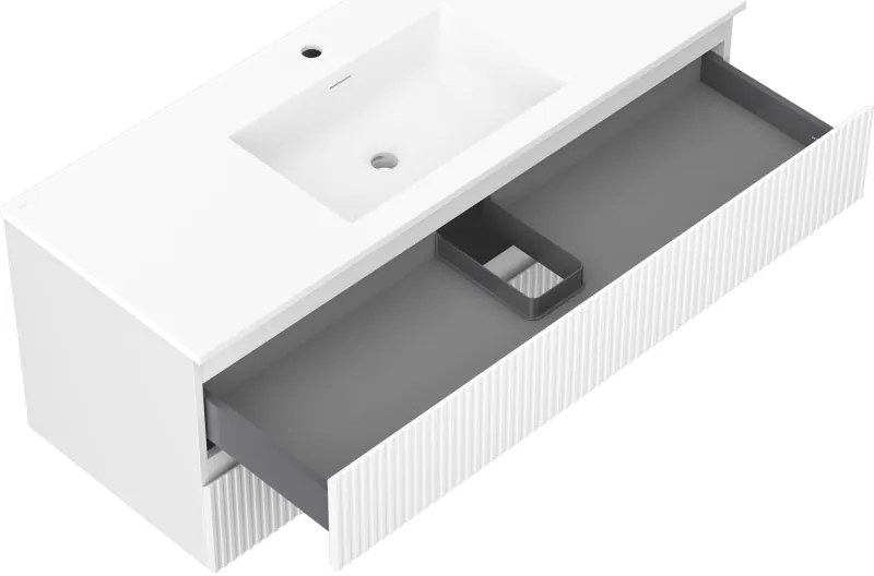 Mexen Rivel, kúpeľňová skrinka 120 cm s umývadlom Otis, 2 zásuvky, drážkovaná, biela matná, 91A20-12047-2-BFF01-W18M01