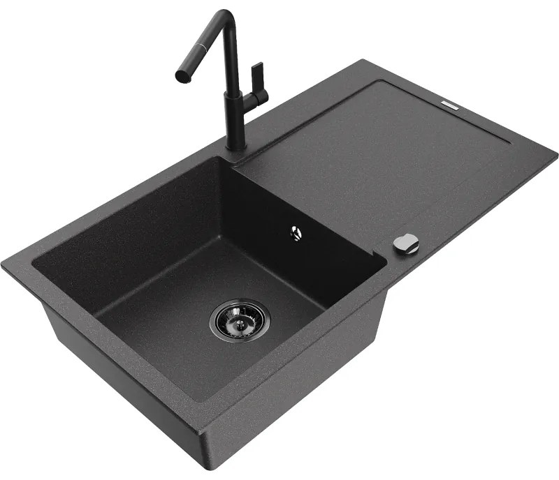 Mexen Leo, 1-komorový granitový drez 900x500x190 mm a drezová batéria Flora, čierna škvrnitá, 6501-76-670401-70-B