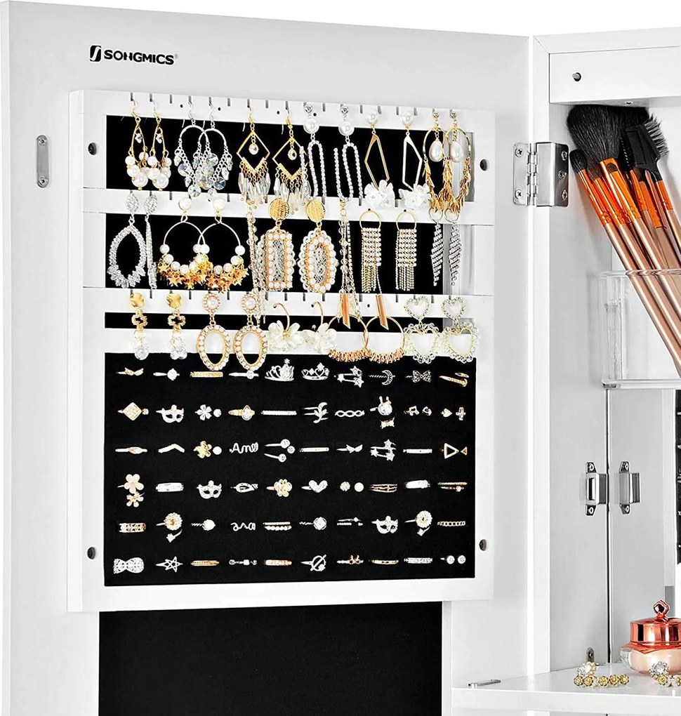 Extra široká zrkadlová skrinka na šperky s vešiakmi a vstavaným zrkadlom, biela