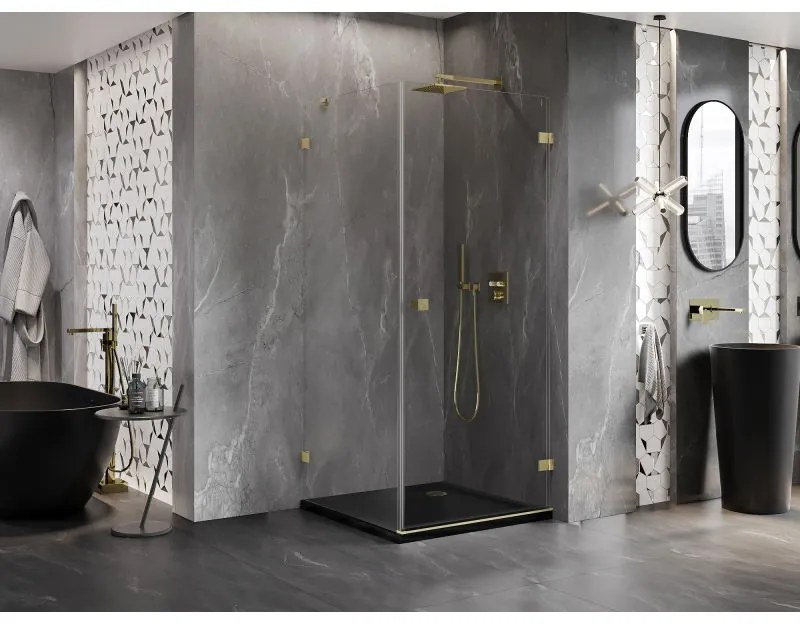 Mexen Lunar-B, pravostranný výklopný sprchový kút 70 x 70 cm, 8mm číre sklo, zlatý kartáčovaný - 832-070-070-55-00-P