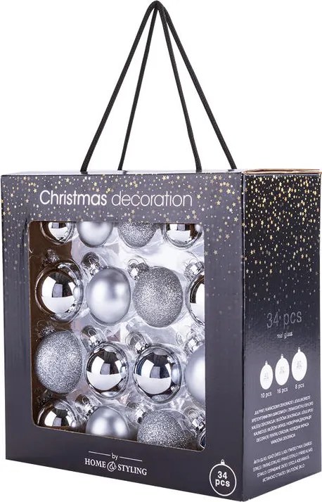 Sada sklenených vianočných ozdôb strieborná 34 ks