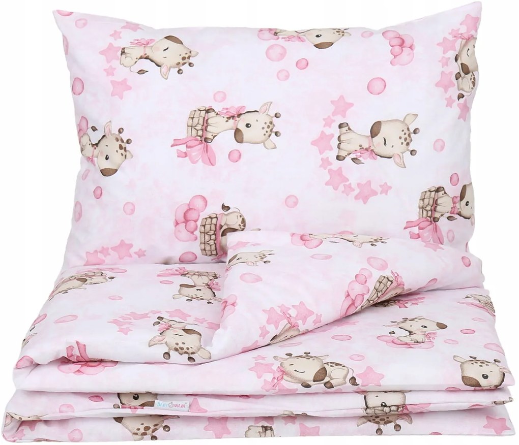 Detské bavlnené obliečky do postieľky 120x90 cm BABYMAM PREMIUM - Žirafa - ružové