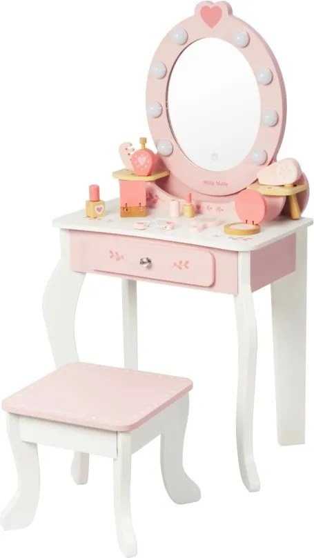 Veľká drevená toaletka ELLY pre deti s LED svetlom a taburetkou ružová