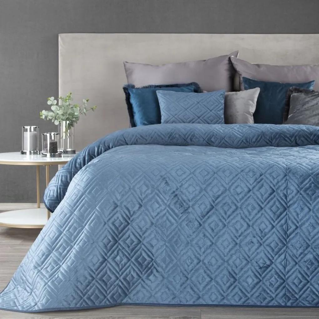 DomTextilu Modrý zamatový prehoz na posteľ s dekoračným prešívaním Šírka: 170 cm | Dĺžka: 210 cm 28414-154299