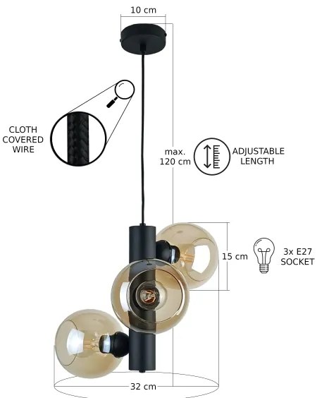 Luster na lanku TUBE 3xE27/60W/230V čierna/dymová béžová
