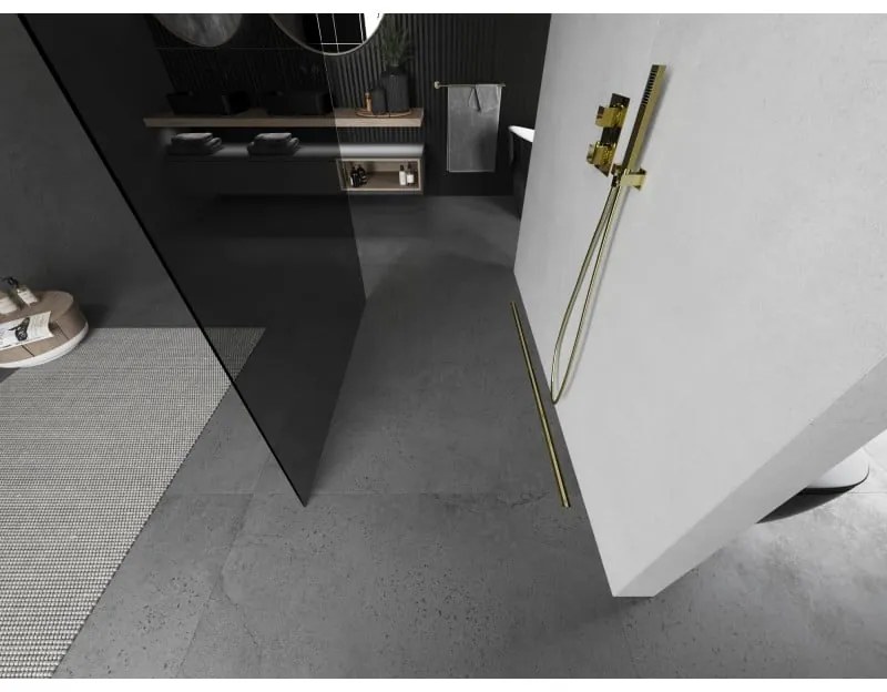 Mexen Kioto, sprchová zástena Walk-In 140 x 200 cm, 8mm šedé sklo, zlatý matný profil, 800-140-002-55-40