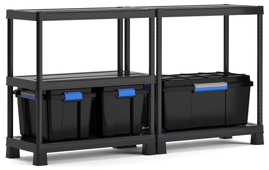 Plastový regál, 5 políc, 180x90x45 cm + plastové boxy Scuba M a Scuba L