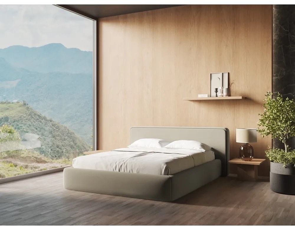 Béžová čalúnená dvojlôžková posteľ s úložným priestorom s roštom 160x200 cm Kiana – Makamii