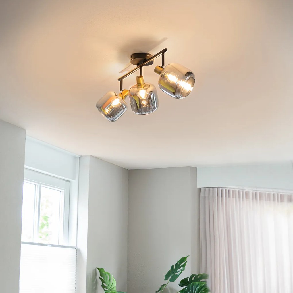 Stropné bodové svietidlo čierne s dymovým sklom obdĺžnikové 3-žiarovkové - Zuzanna