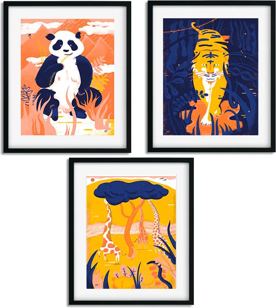 Rámované obrazy pre deti - Zvieratá z džungle 3ks 40x50 cm