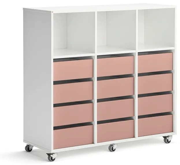 Úložná skriňa CASPER, 12 zásuviek, 3 priehradky, biela, tmavoružová