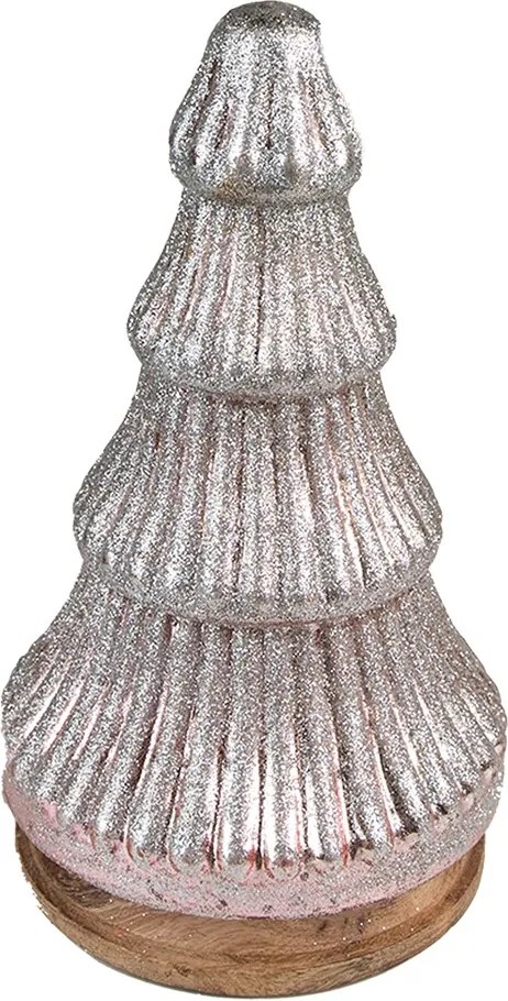 Strieborný dekoračný sklenený stromček na drevenom podstavci - Ø 13*24 cm