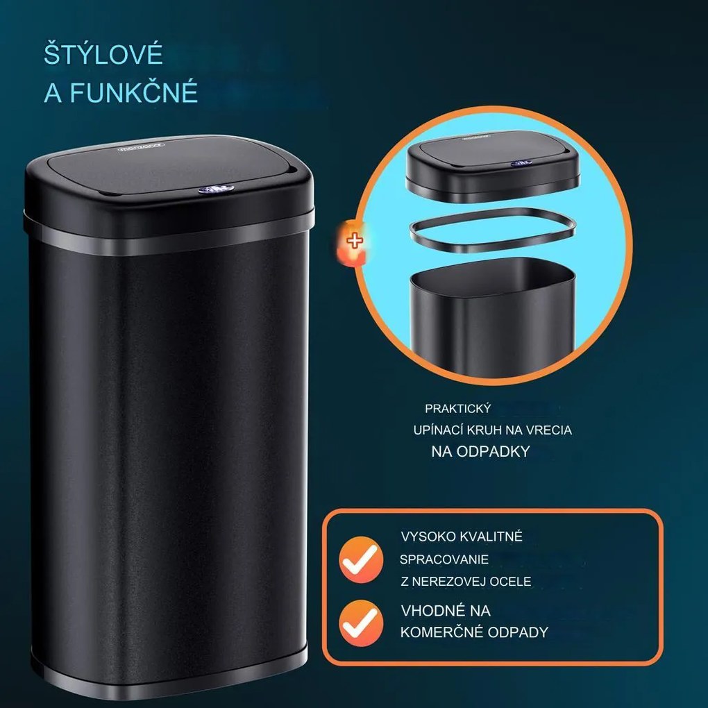 InternetovaZahrada Bezdotykový hranatý odpadkový kôš s USB 58 L - čierny