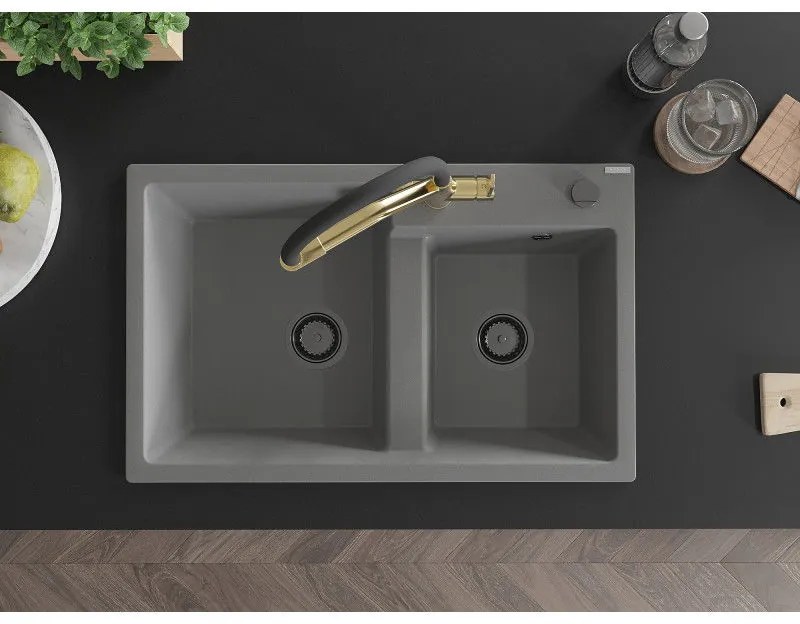 Mexen Tomas, 2-komorový granitový drez 800x500x190 mm a kuchynská batéria Duo, šedá, 6516-71-671701-57-B