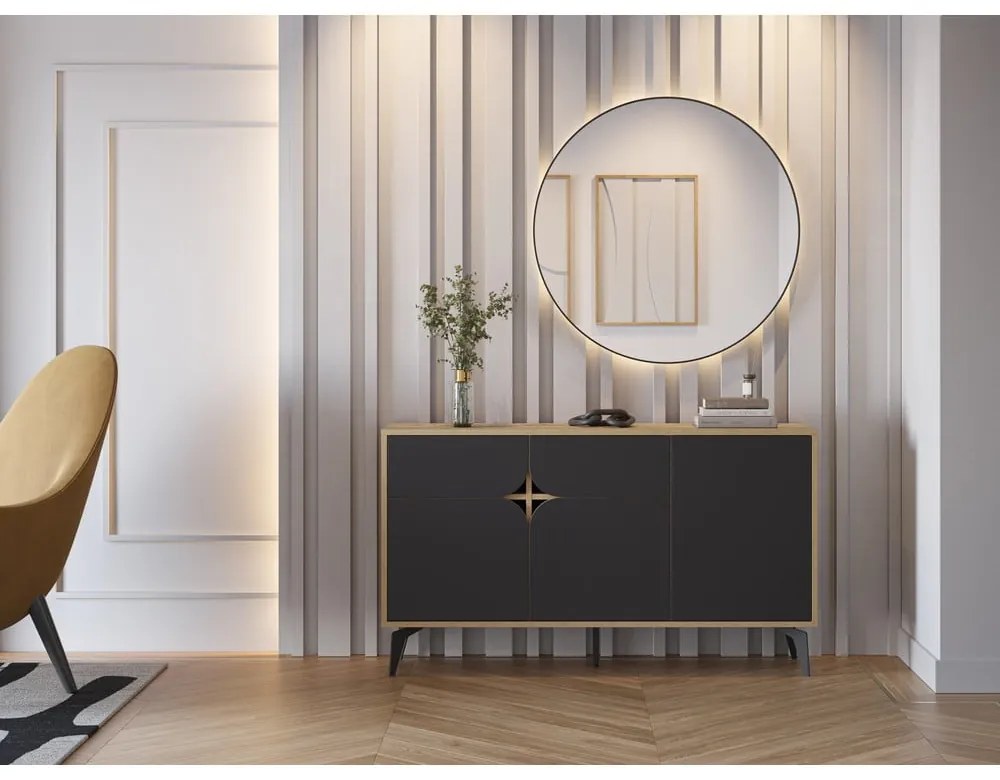 Nízka komoda v dekore duba v čierno-prírodnej farbe 140x79 cm Nola – Marckeric