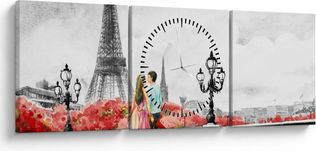 Obraz - Milenci v Paríži (s hodinami) (90x30 cm)