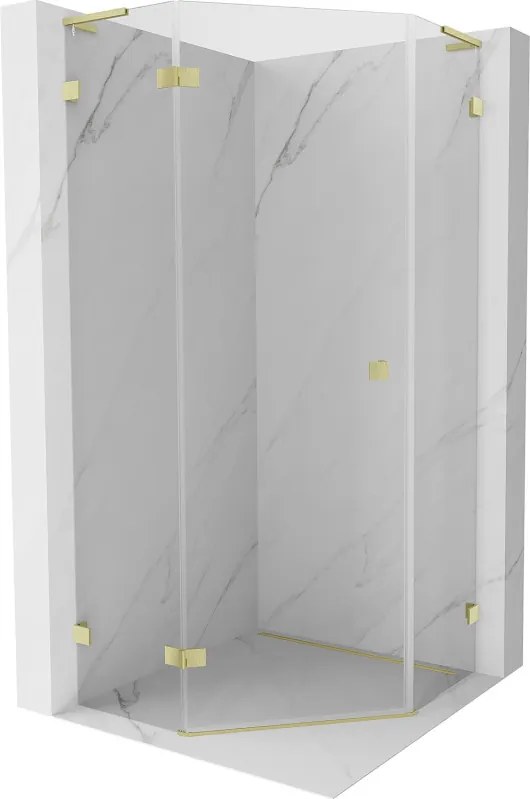 Mexen Lunar, L päťuholníkový sprchový kút naklápací doľava 100 x 100 cm, 8mm číre sklo, zlatý matný profil, 831L-100L-100P-55-00-L