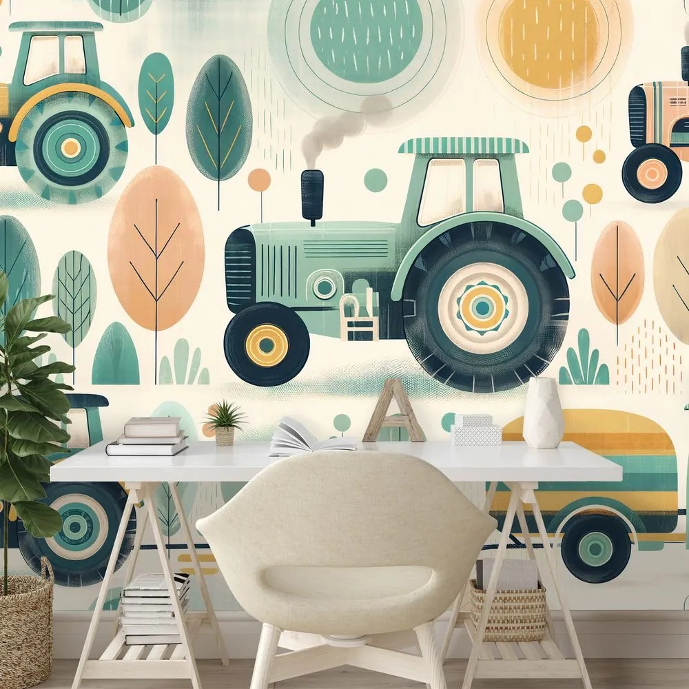 Samolepiaca tapeta detské traktory v pastelových farbách