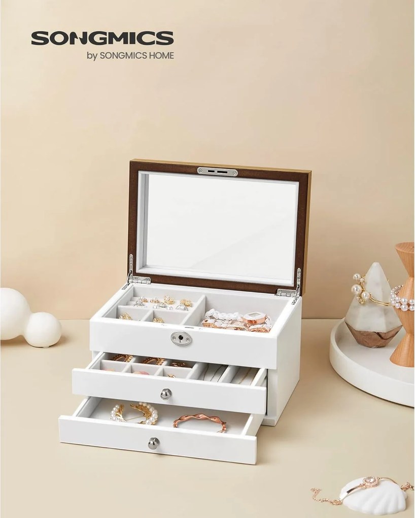 Šperkovnica 3-zásuvková so zamatovou podšívkou, biela