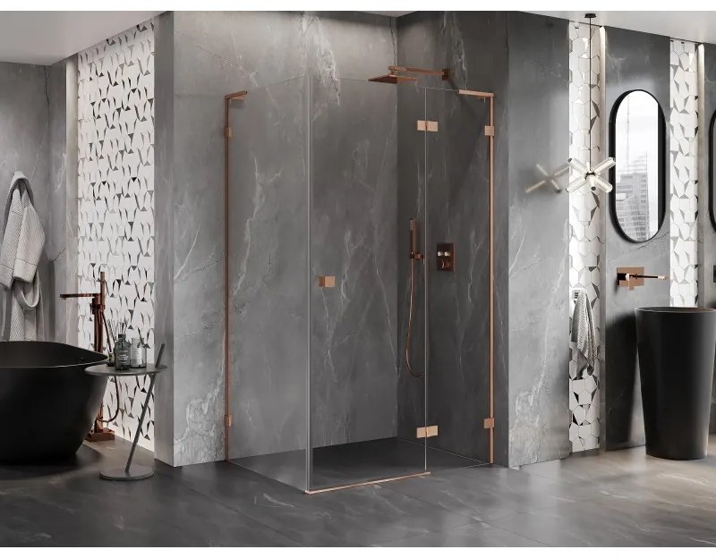 Mexen Lunar, L pravostranný výklopný sprchový kút 95 x 90 cm, 8mm číre sklo, profil medená matná, 834L-095-090-65-00-P