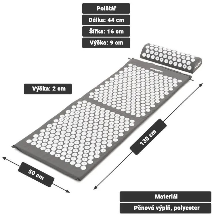 MAXXIVA 81655 Akupresúrna podložka s vankúšom, 130 x 50 cm, sivá