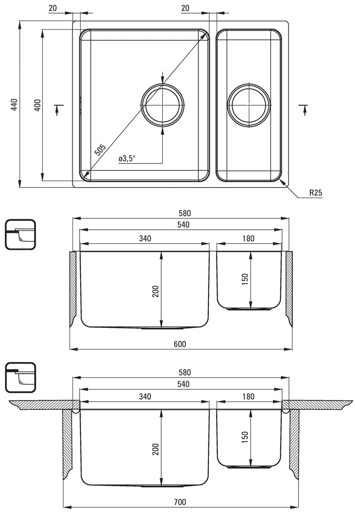 Deante Egeria, nerezový drez pod dosku 1,5-komorový B/O 570x440x200 3,5" + priestorovo úsporný sifón, vzor satyna, ZPE_050C