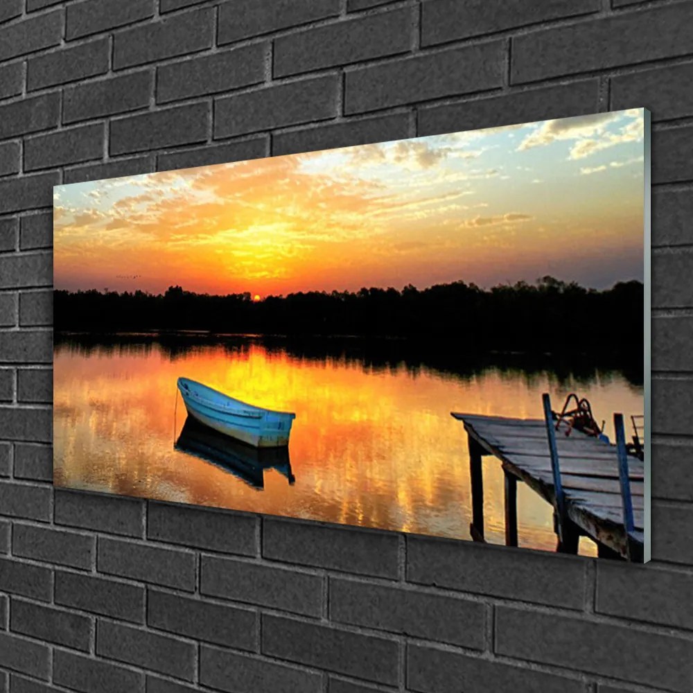 Skleneny obraz Loďka most jazero príroda 125x50 cm
