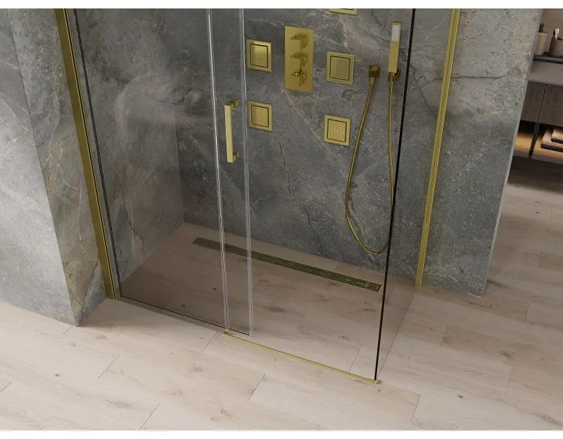 Mexen Omega, sprchovací kút s posuvnými dverami 140 (dvere) x 80 (stena) cm, 8mm sklo, zlatý profil-číre sklo, 825-140-080-50-00