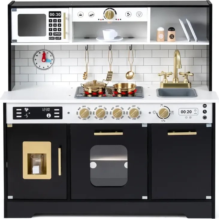 Detská kuchynka so svetlom a zvukom Drevená detská kuchynka so sporákom a drezom Detská kuchynka vrátane 14 doplnkov Čierna