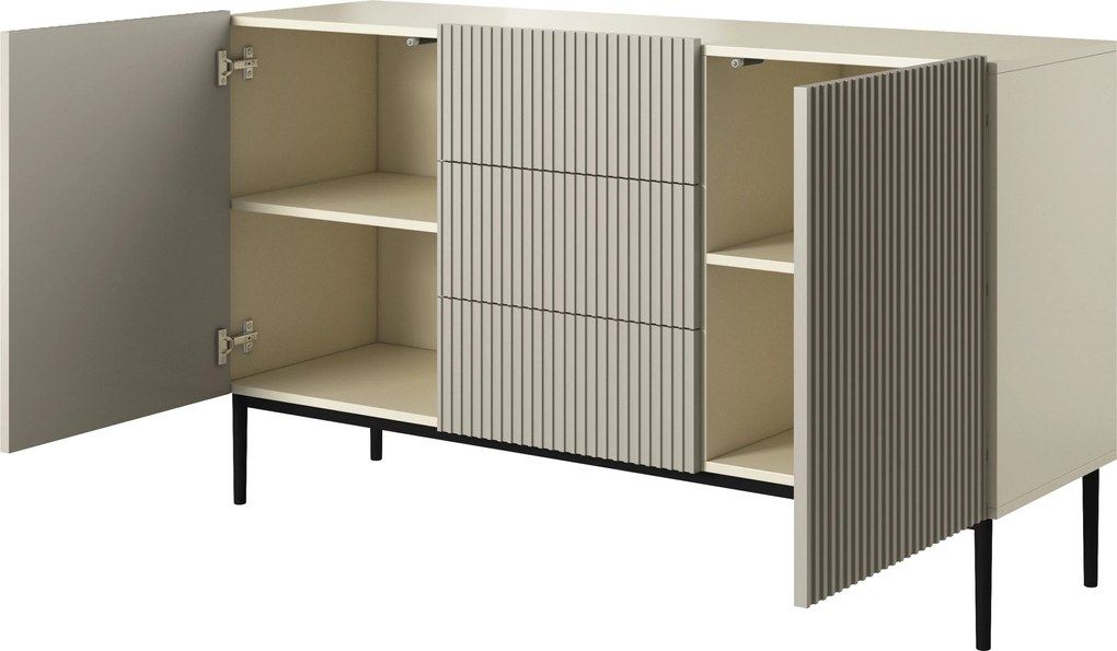 Komoda Nicole 150 cm so zásuvkami a ryhovaným čelom - kasmír / čierne nožičky