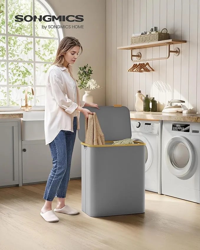 Prádlový kôš s viečkom, 3 priehradkový, 150 L, vyberateľný vak, 60 x 38,5 x 70,5 cm, šedý