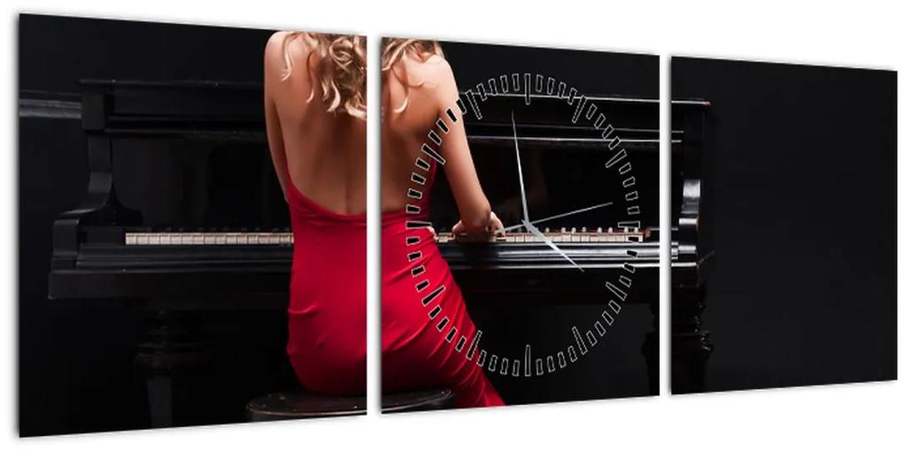 Obraz ženy hrajúce na klavír (s hodinami) (90x30 cm)