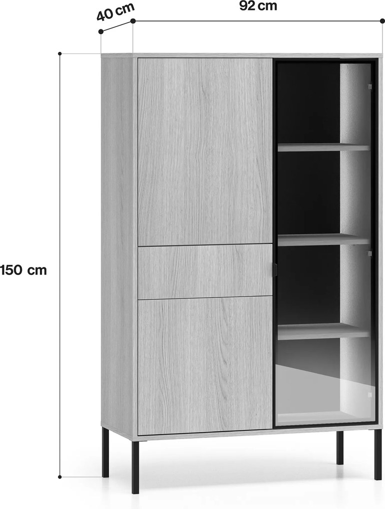 Vysoká vitrína Harmona 92 cm so zásuvkou a osvetlením - dub lindberg