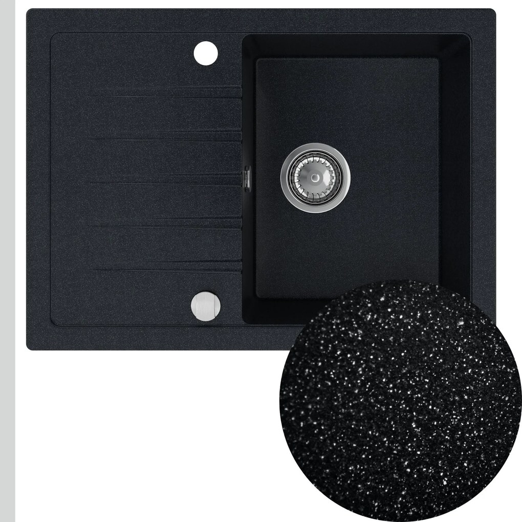 Sink Quality Titanite, kuchynský granitový drez 680x495x215 mm + chrómový sifón, čierna škvrnitá-Brocade, SKQ-TIT.B.1KKO.X