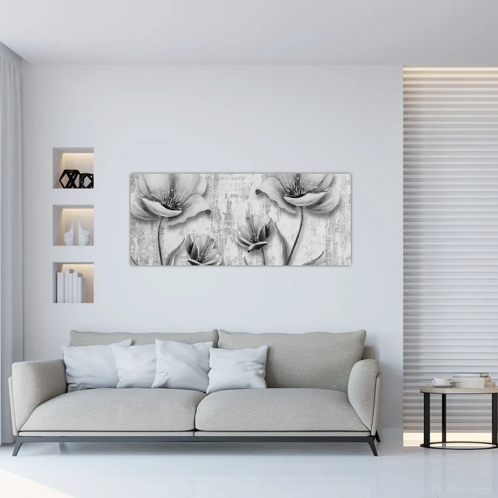 Obraz - Čiernobiele kvety na pozadí (120x50 cm)