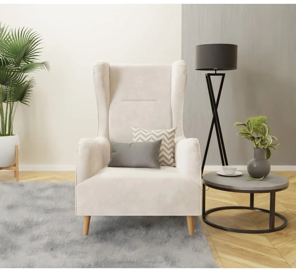 Krémové zamatové kreslo ušiak Carole – Ropez