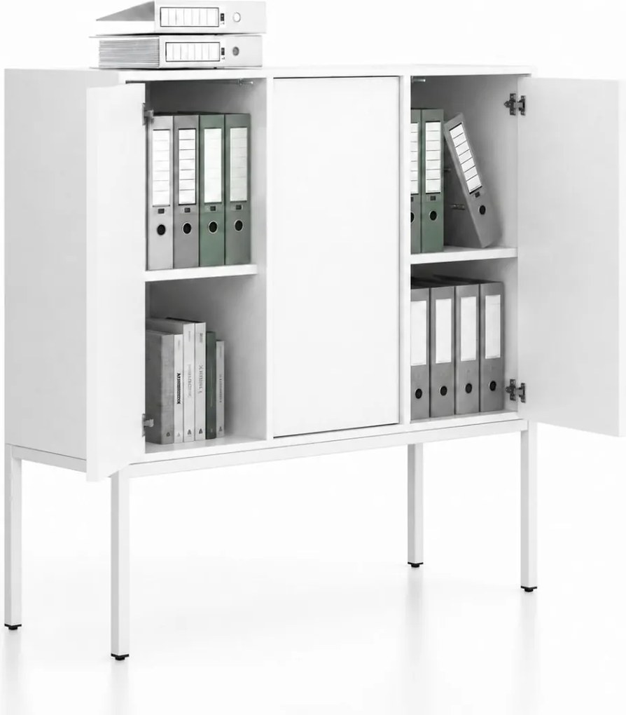 Kancelárska skriňa FRAME, nízka, biela podnož, 3x dvere, 1299 x 450 x 1331 mm, PUSH-lock, biela