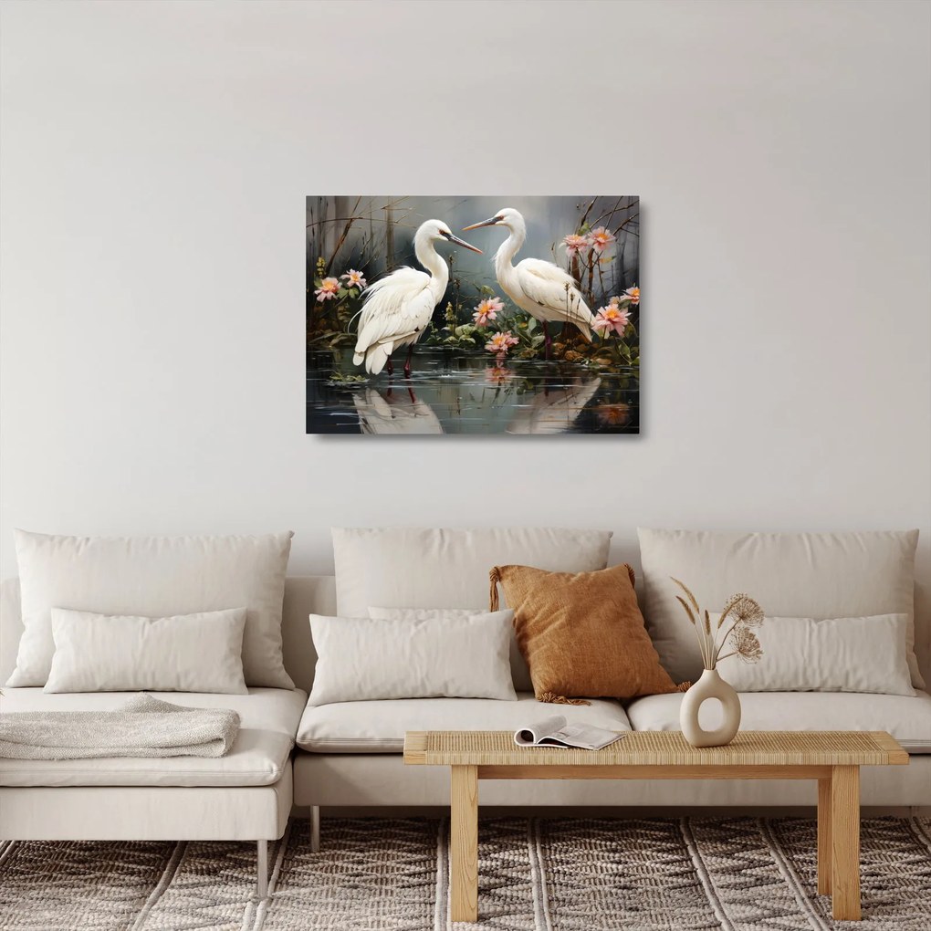Sklenený obraz - Žeriavy biely (70x50 cm)