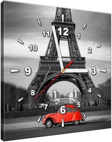 Obraz s hodinami Červené auto pod Eiffelovou vežou 30x30cm ZP1116A_1AI