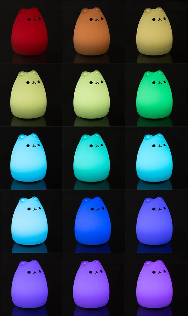 ISO Trade Nočné LED svetlo Mačiatko – 16 farieb, 9 jasov, silikónové, USB dobíjateľné, diaľkové