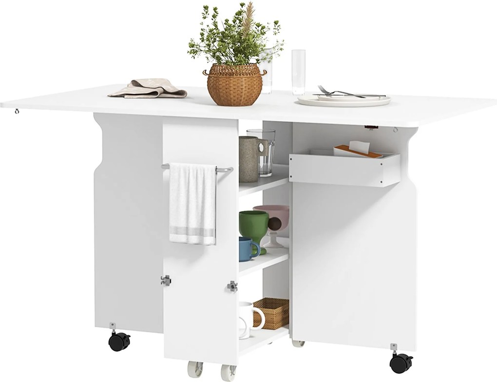 HOMCOM Skladací Stôl s Odklápacími Kranmi, Úložným Boxom a Kolieskami, Skladací Stôl v MDF, 130x80x76,5 cm, Biely | Aosom