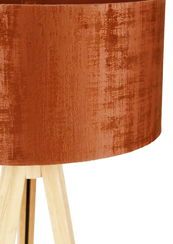 Stojaca lampa drevená s oranžovým textilným tienidlom 50 cm - Tripod Classic