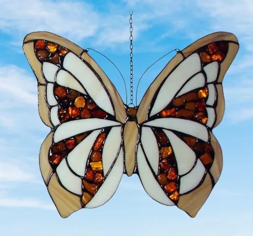 Suncatcher MOTÝĽ vitráž panel Tiffany štýl 32*28 kolekcia AMBER