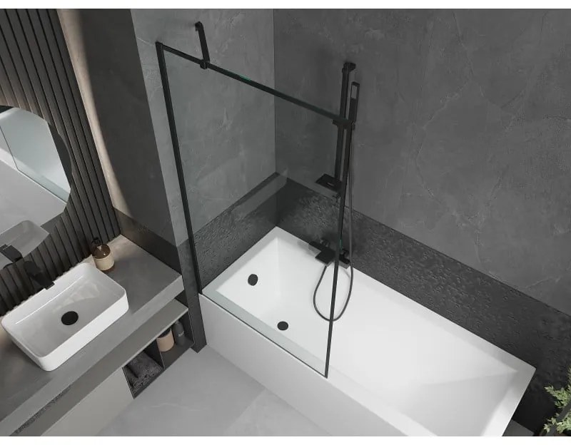 Mexen Next, vaňová zástena 1-krídlová 90 x 150 cm, fixné krídlo, 6 mm číre sklo s čiernym vzorom, čierny profil, 895-090-000-00-70-70